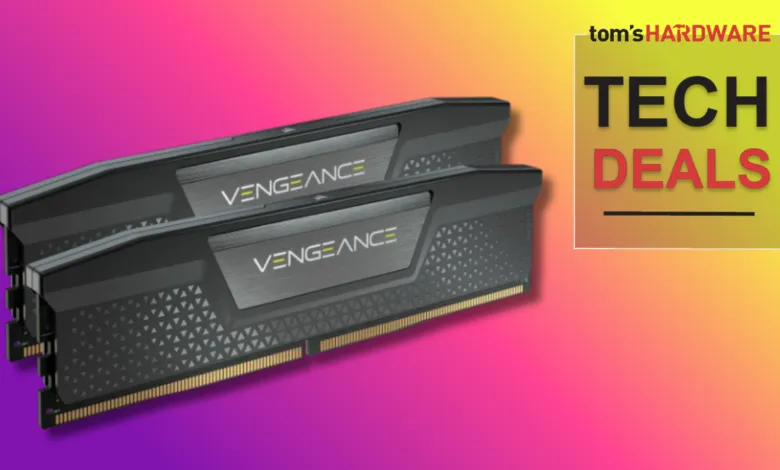 Two Corsair Vengeance RAM sticks on a colorful background.