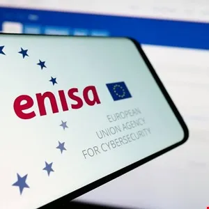 ENISA logo displayed on a smartphone screen, surrounded by blue stars.