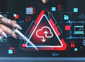 Person using stylus on screen displaying cloud computing and data icons.