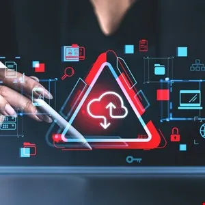 Person using stylus on screen displaying cloud computing and data icons.