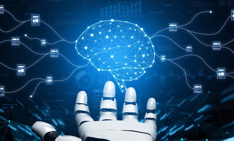 AI brain connected to data points, held by a robotic hand.