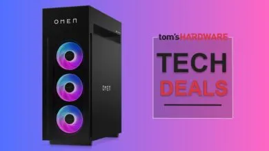 Black OMEN gaming PC with RGB fans and Tom's Hardware Tech Deals advertisement.