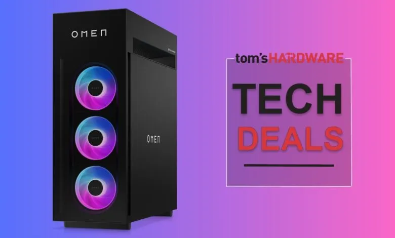 Black OMEN gaming PC with RGB fans and Tom's Hardware Tech Deals advertisement.