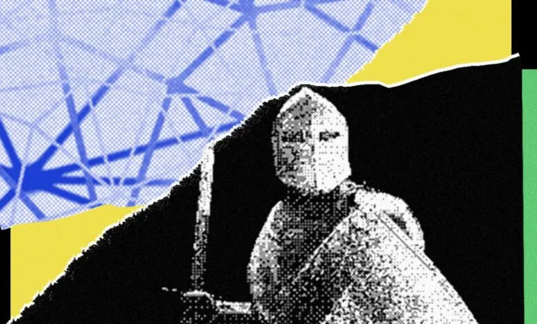 Knight in armor with sword, against geometric and torn paper background.