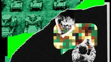 Abstract image of tanks, people with phones, and a pixelated chat bubble.