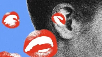 Abstract art featuring a person's ear with lips as earbuds and floating lips.