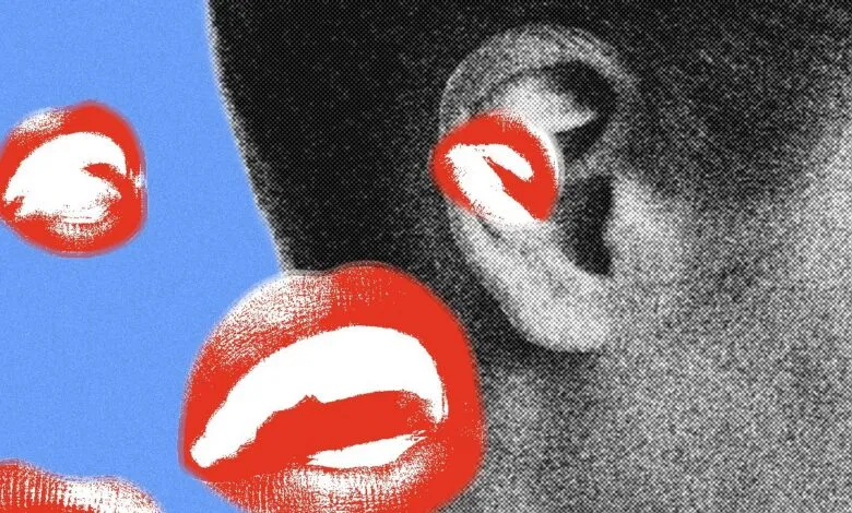 Abstract art featuring a person's ear with lips as earbuds and floating lips.