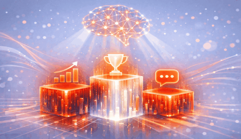 Abstract digital art: brain, trophy, growth chart, speech bubble.