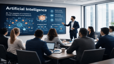 AI presentation in a modern office setting with diverse professionals attending.