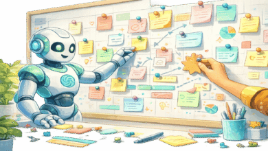 Robot and human hand collaborating on a content calendar with sticky notes.