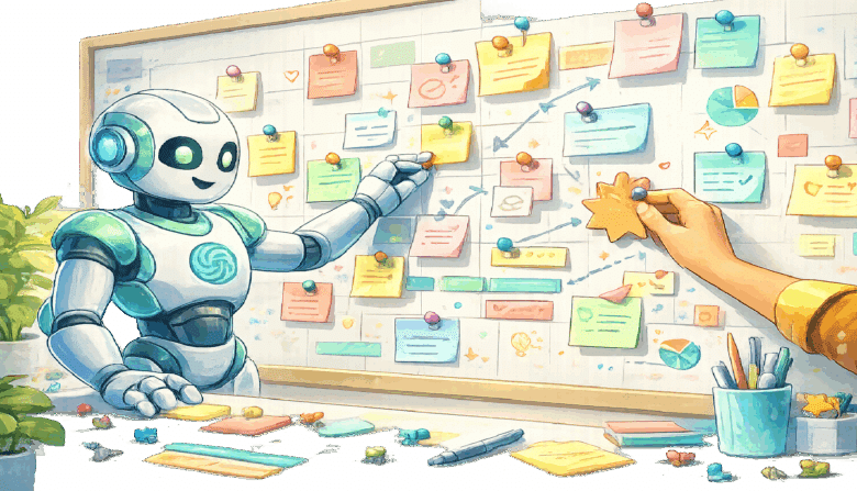 Robot and human hand collaborating on a content calendar with sticky notes.