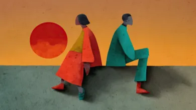 Stylized illustration of a couple sitting back-to-back against a sunset.