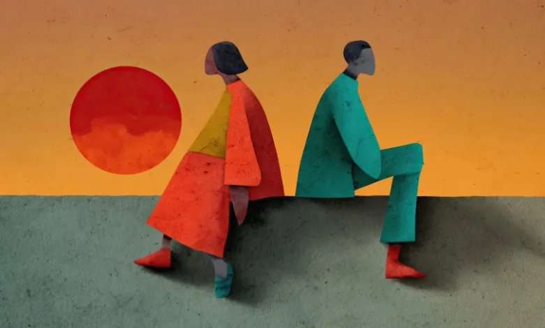 Stylized illustration of a couple sitting back-to-back against a sunset.