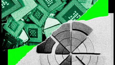 Green computer chips overlayed on a gray pie chart with a torn paper effect.