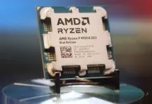 Close-up of the AMD Ryzen 9 9950X3D2 Dual Edition CPU on a stand.