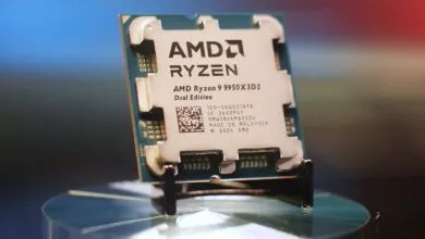 Close-up of the AMD Ryzen 9 9950X3D2 Dual Edition CPU on a stand.