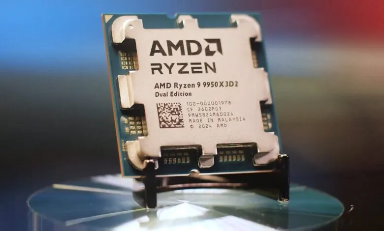 Close-up of the AMD Ryzen 9 9950X3D2 Dual Edition CPU on a stand.