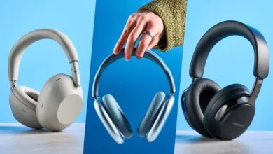 Three different wireless noise-canceling headphones: Sony, Apple, and Bose.