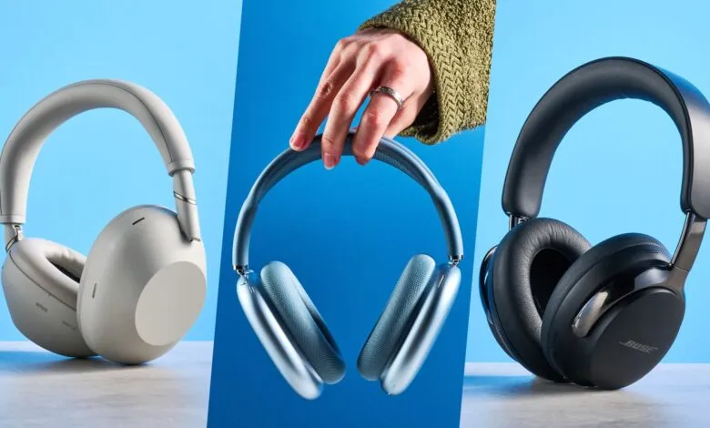 Three different wireless noise-canceling headphones: Sony, Apple, and Bose.