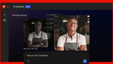 AI portrait retouch tool showing before/after of a smiling man.
