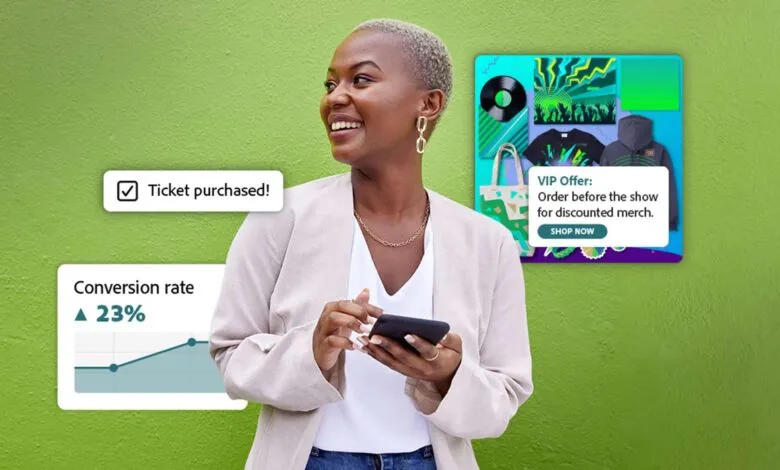 Woman smiles, holding phone, with ticket purchase and merch offer pop-ups.