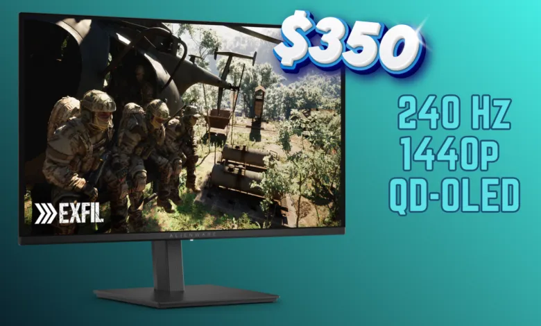 Alienware QD-OLED monitor displaying the game Exfil, priced at $350.