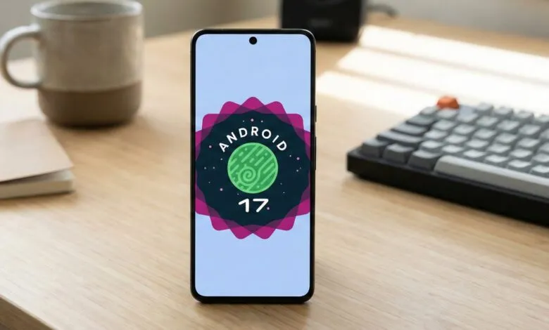Smartphone displaying Android 17 logo on a wooden desk.