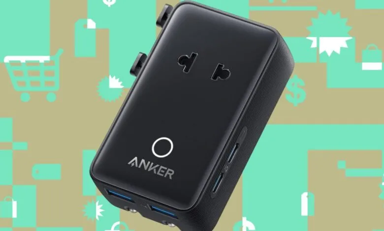 Anker Nano travel adapter with international plug options and USB ports.