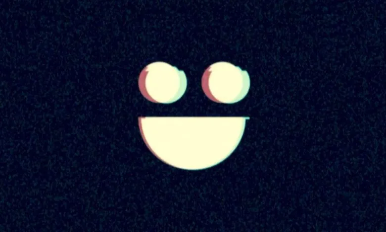 Simple smiling face icon with glitch effect on dark speckled background.