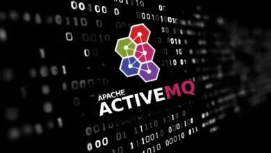 Apache ActiveMQ logo with colorful hexagons against a binary code background.