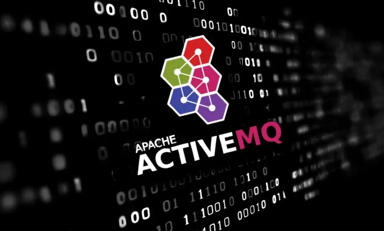 Apache ActiveMQ logo with colorful hexagons against a binary code background.