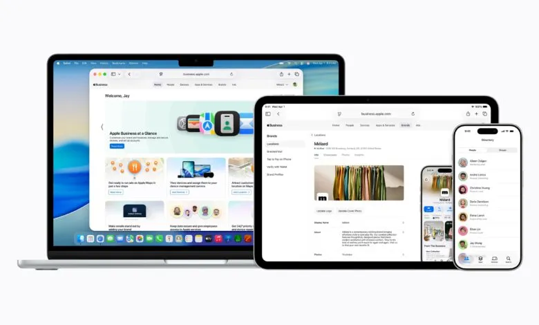 Apple Business app displayed on Macbook, iPad, and iPhone screens.