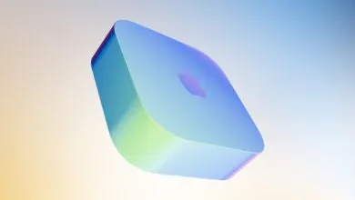 Apple TV box with rounded edges and Apple logo on a gradient background.