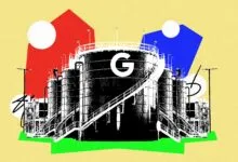 Stylized illustration of industrial storage tanks with a large 'G' on one, set against colorful geometric shapes.