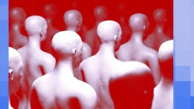 Abstract crowd of mannequin torsos in red and white tones.
