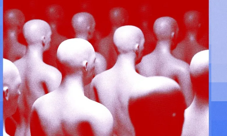 Abstract crowd of mannequin torsos in red and white tones.