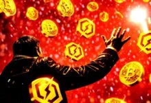 Person reaching for falling Bitcoin and Electroneum coins against red background.