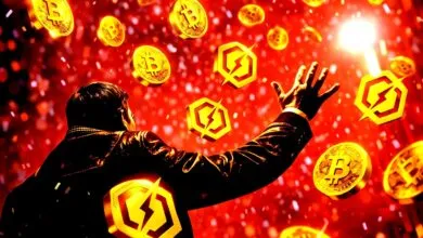 Person reaching for falling Bitcoin and Electroneum coins against red background.