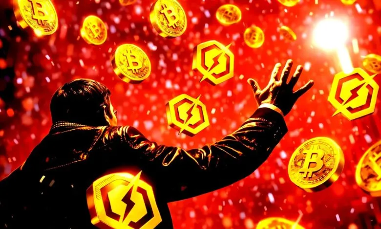 Person reaching for falling Bitcoin and Electroneum coins against red background.