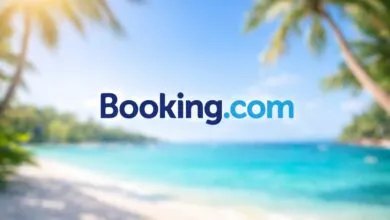 Booking.com logo over a blurred tropical beach scene with palm trees.