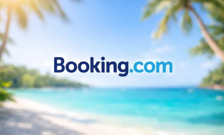 Booking.com logo over a blurred tropical beach scene with palm trees.