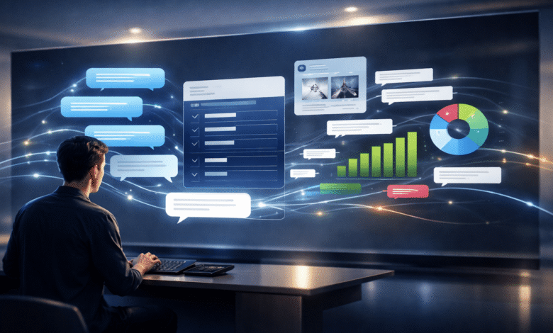 Person working at desk with large screen displaying data visualizations.