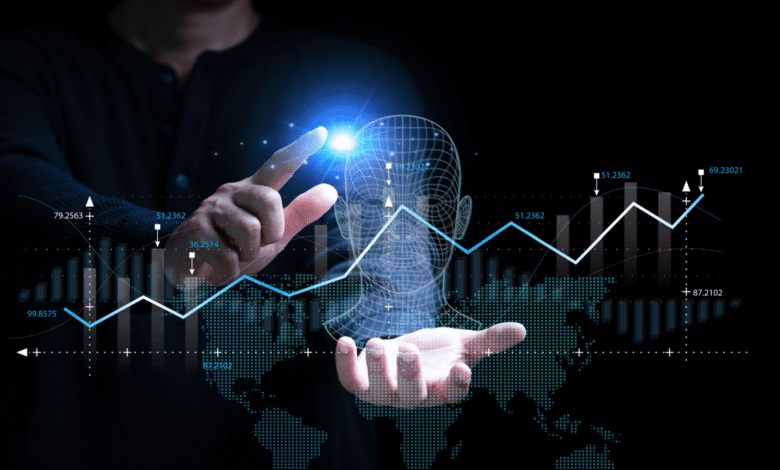 Person interacts with AI head and financial data, showcasing technology.