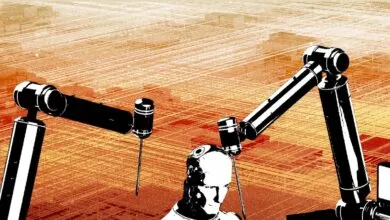 Abstract illustration of robotic arms and a human head against a circuit board background.