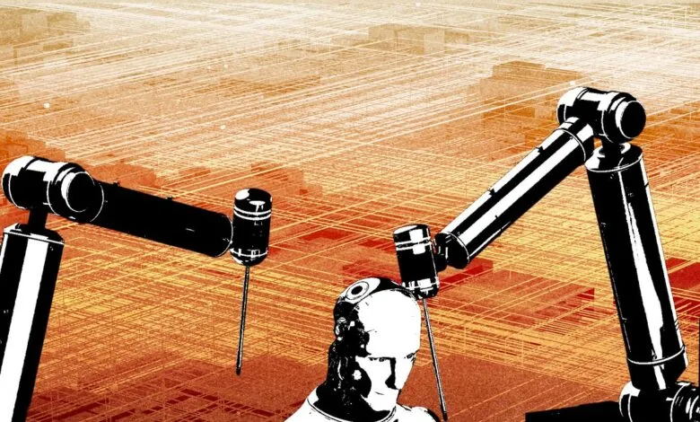 Abstract illustration of robotic arms and a human head against a circuit board background.