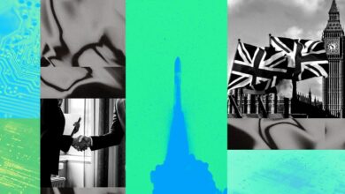 Abstract collage featuring technology, business, and UK themes.