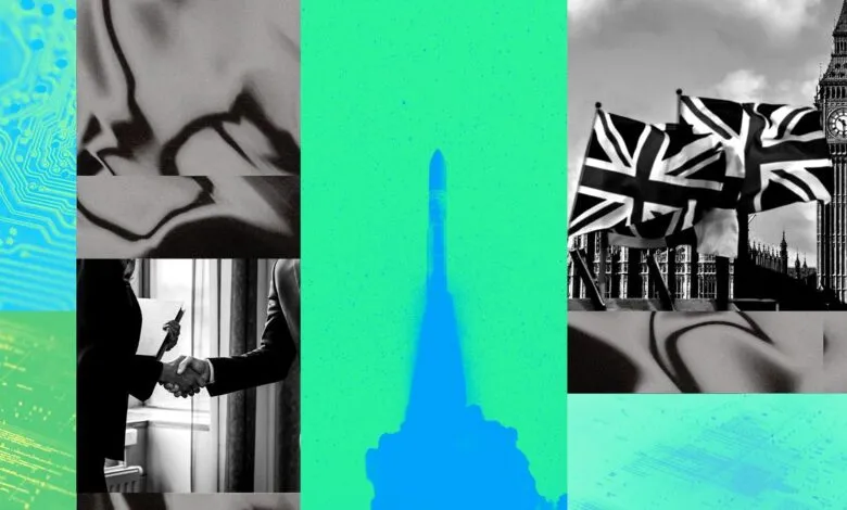 Abstract collage featuring technology, business, and UK themes.