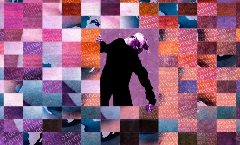 Abstract image of a person surrounded by a digital mosaic.