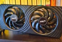 Palit GeForce RTX graphics card with dual fans on a shelf.