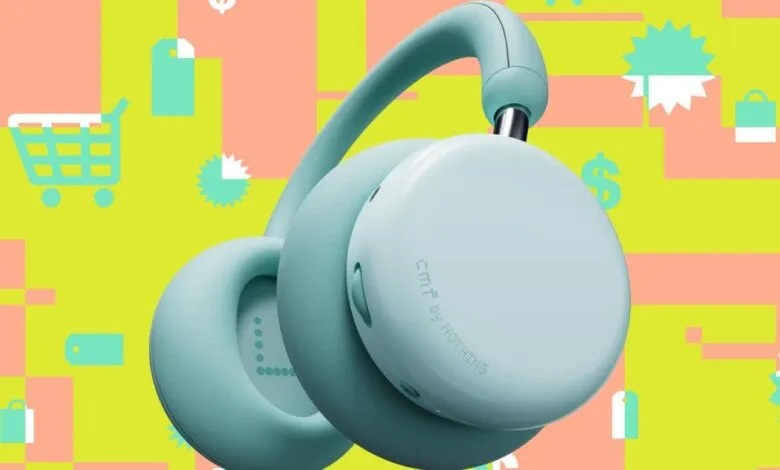 CMF by Nothing headphones in light blue against a colorful shopping-themed background.